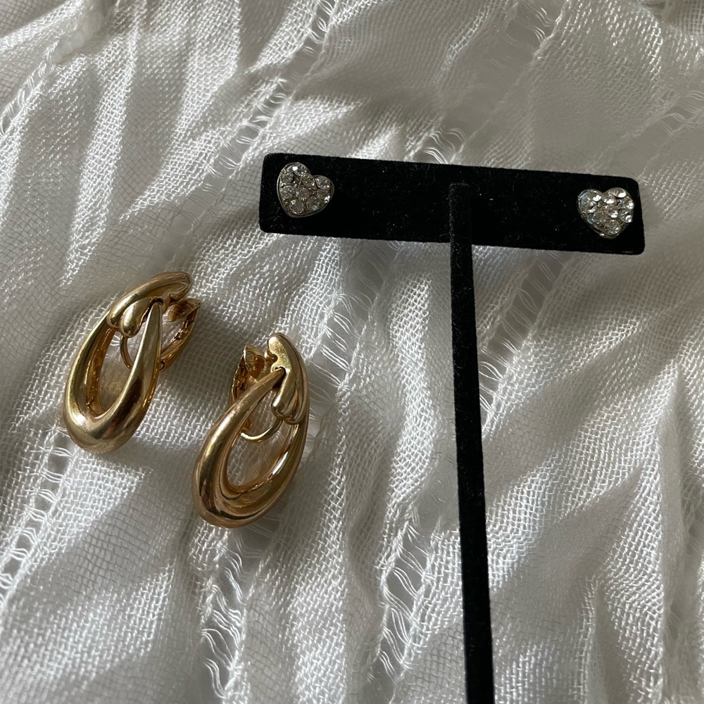 Gold tone clip on, small rhinestone heart back post earrings - 2 pairs